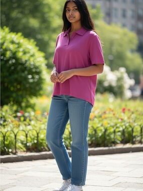 Monrow Bright Magenta Short-Sleeve Polo Tee